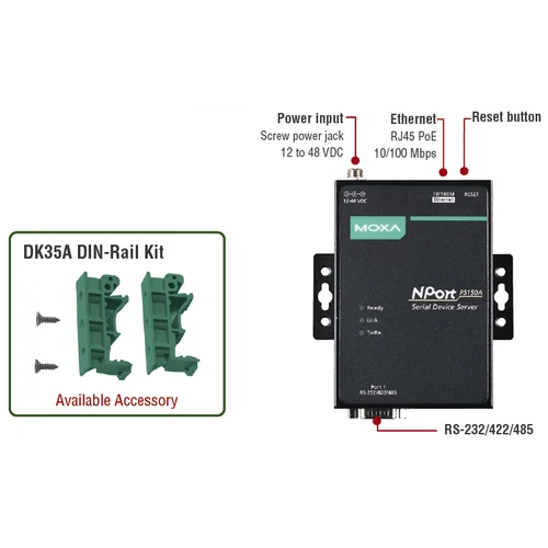 NPort P5150A 1-портовый сервер RS-232/422/485 в Ethernet с возможностью питания через Ethernet (PoE, стандарт IEEE 802.3af) MOXA